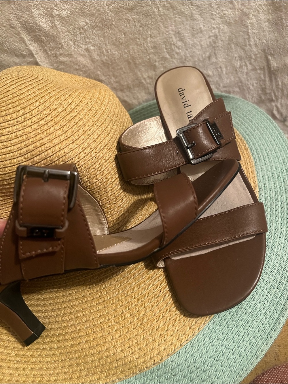 David Tate Brown Leather Double-Strap Buckle Slide Sandals Pre-Owned Size 7W